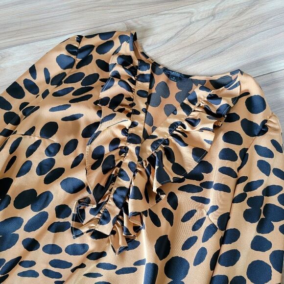 J. Crew Long Sleeve Ruffled Front V-Neck Silky Satin Blouse in Tiger Wavy Dot - Picture 6 of 10